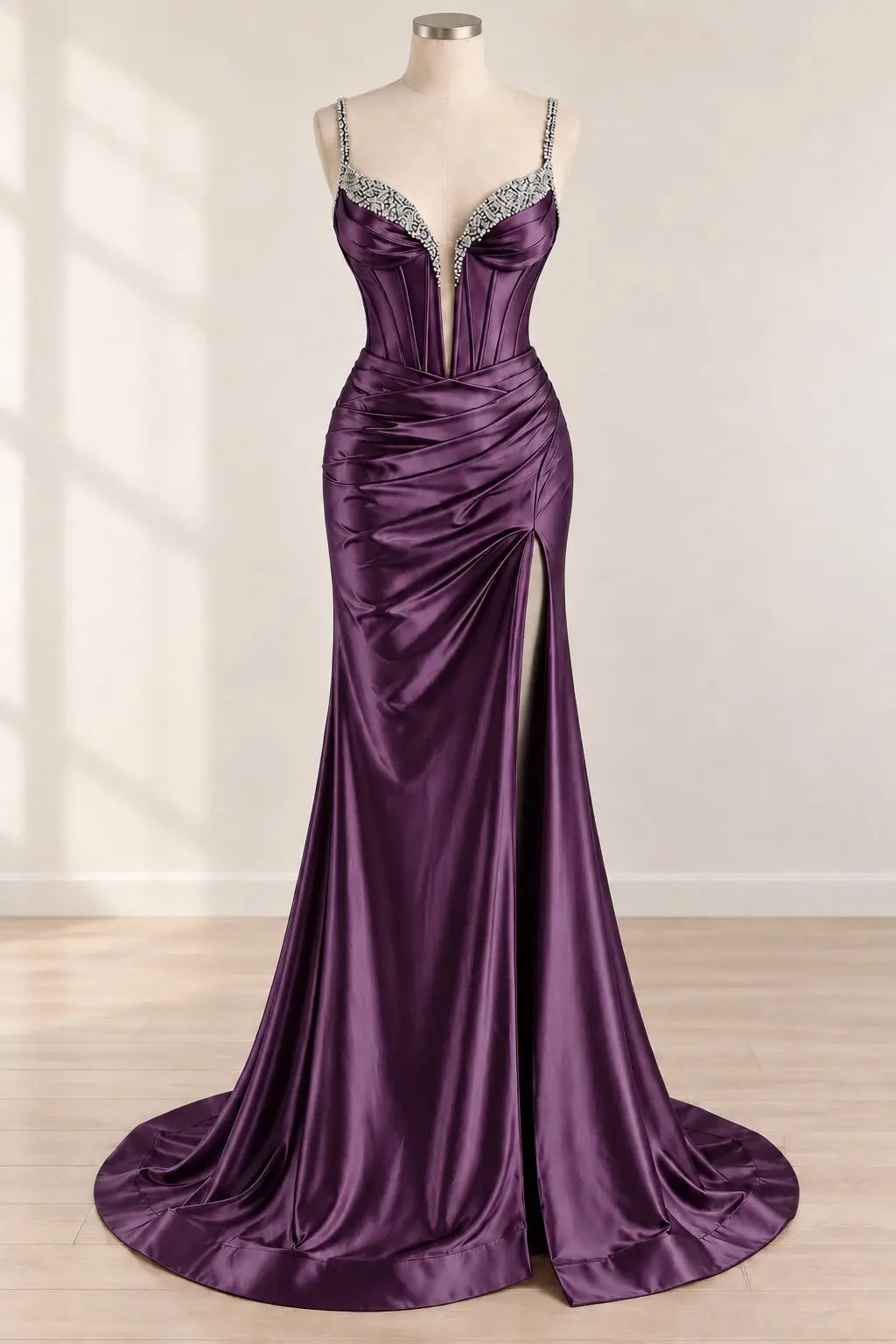 Mermaid Fuchsia Spaghetti Straps Satin Long Corset Prom Dress with Beading