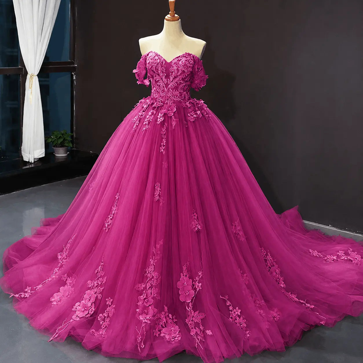 A-Line Blue Tulle Quinceanera Dress Off Shoulder Lace Ball Gown Prom Dress KAIDRESS