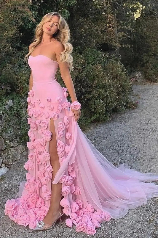 Chic Pink 3D Flowers Strapless Long Mermaid Prom Dress Side Slit - KAIDRESS