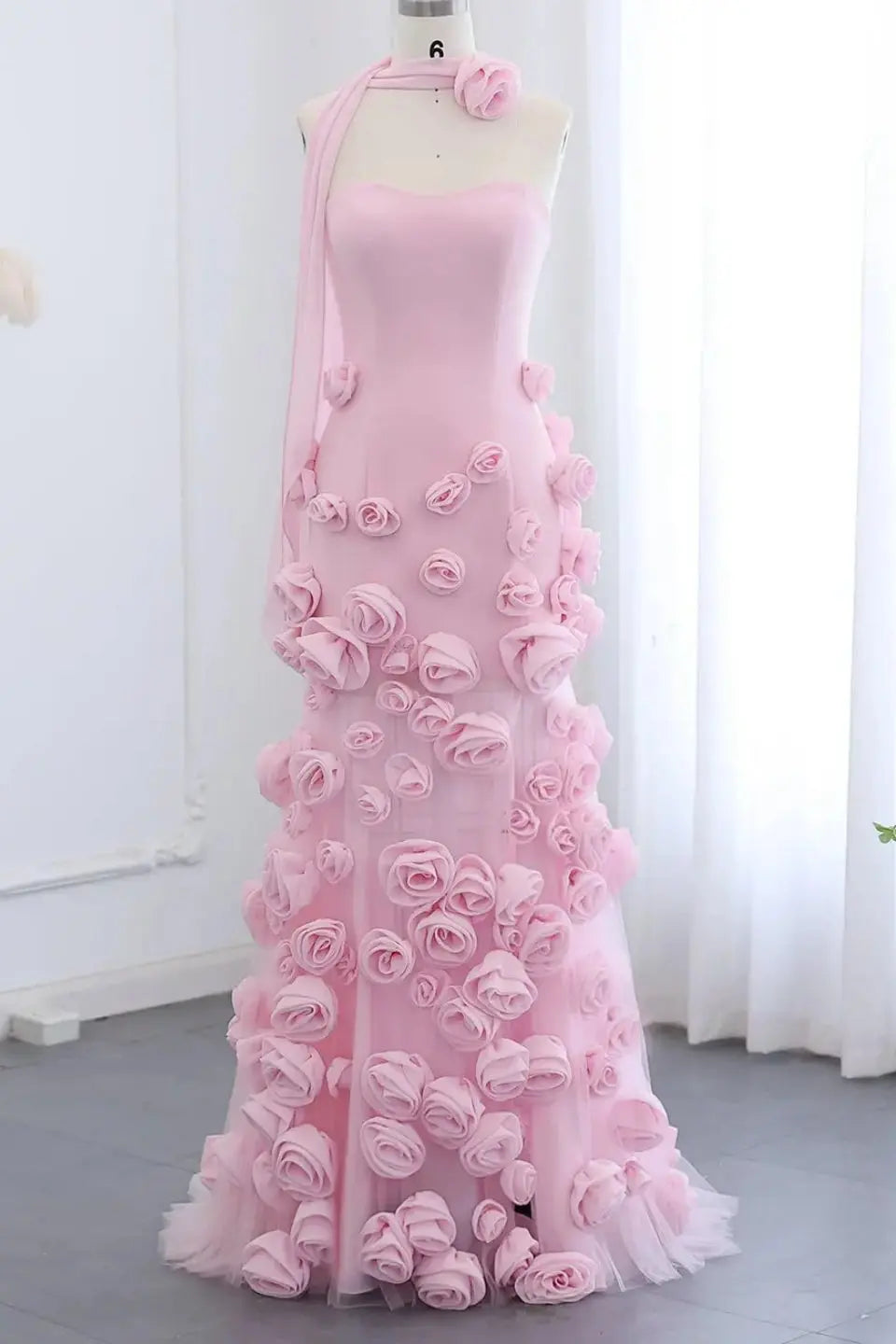 Chic Pink 3D Flowers Strapless Long Mermaid Prom Dress Side Slit - KAIDRESS