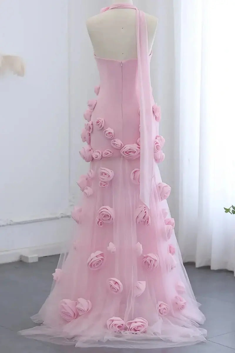 Chic Pink 3D Flowers Strapless Long Mermaid Prom Dress Side Slit - KAIDRESS