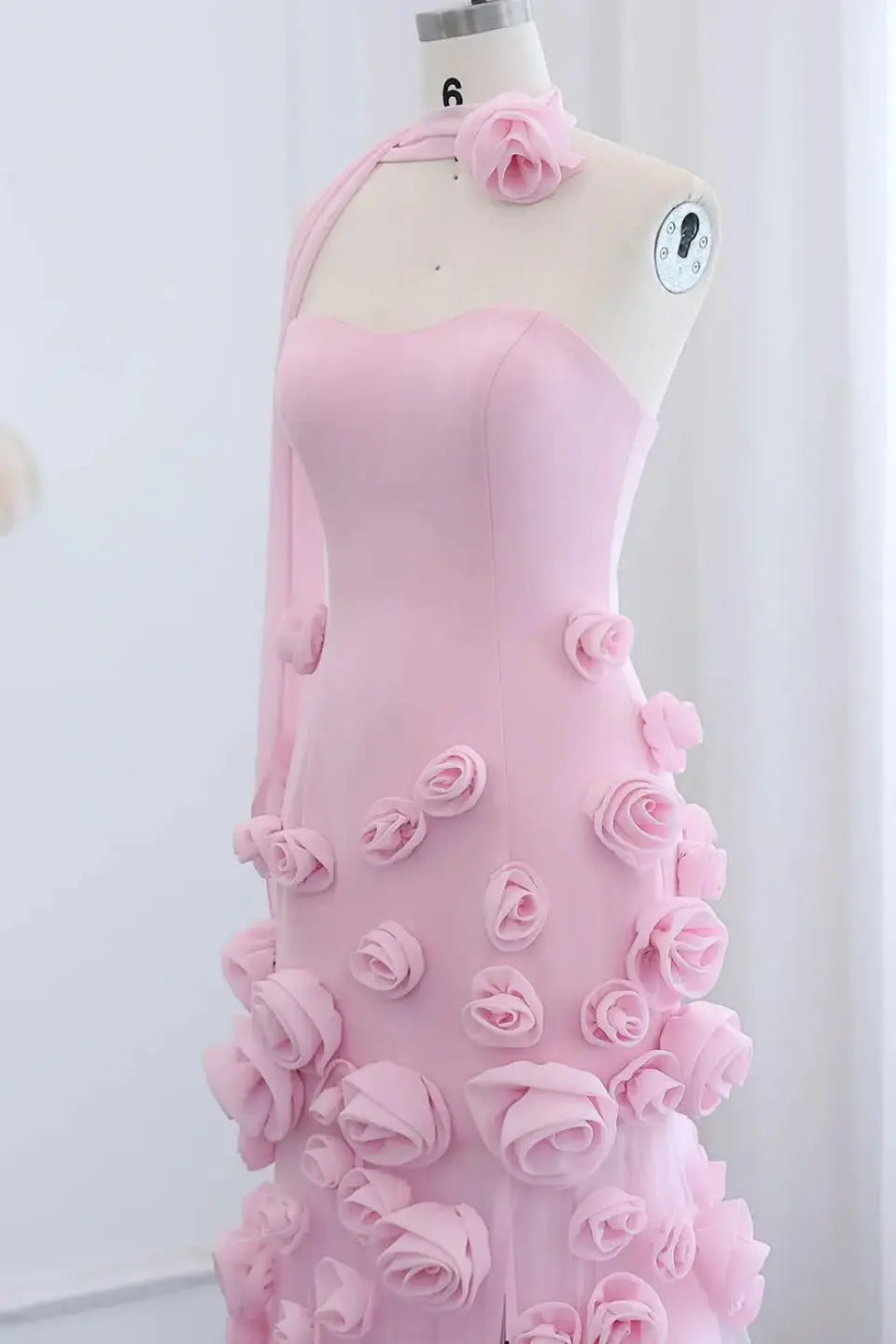 Chic Pink 3D Flowers Strapless Long Mermaid Prom Dress Side Slit - KAIDRESS
