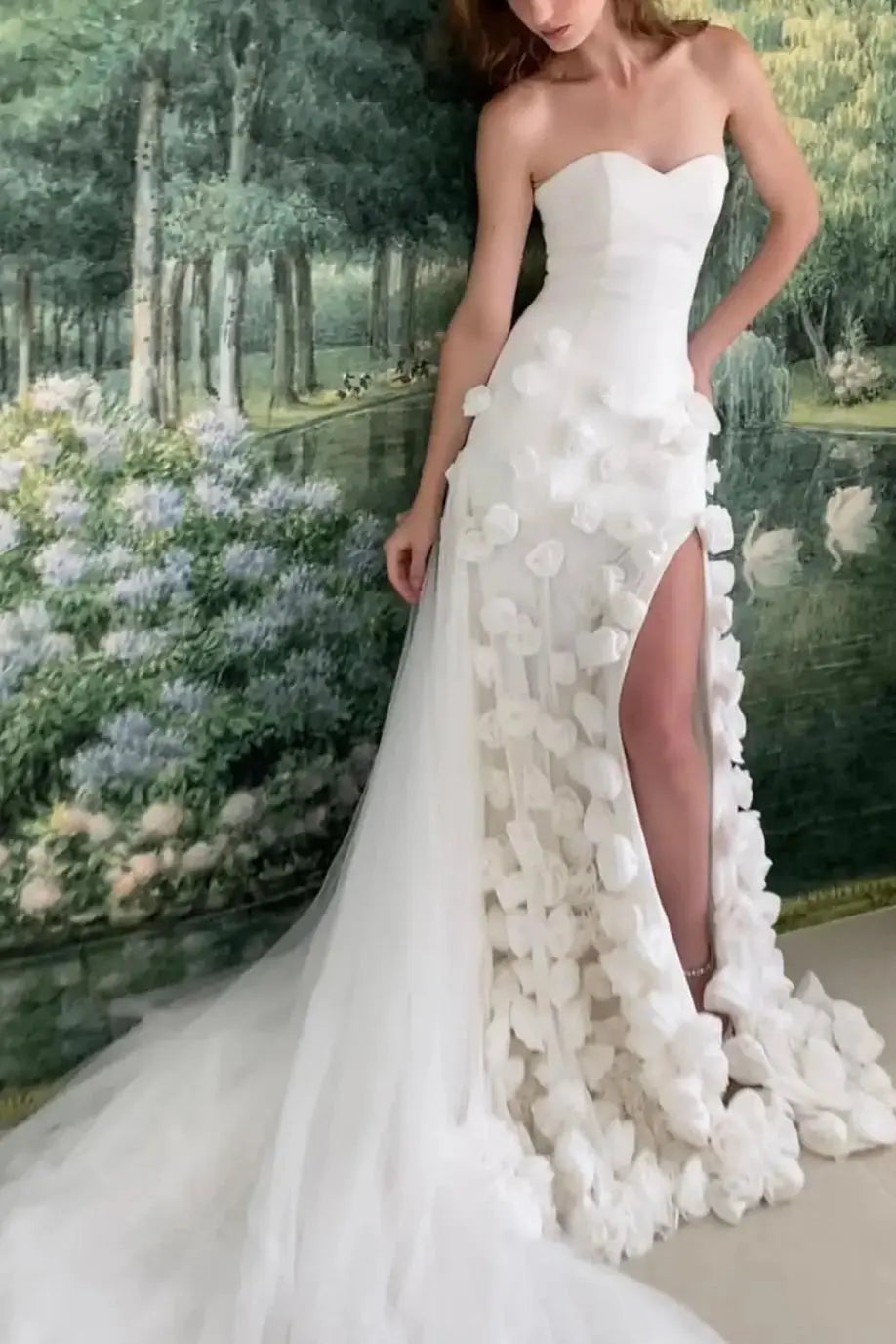 Chic Pink 3D Flowers Strapless Long Mermaid Prom Dress Side Slit - KAIDRESS