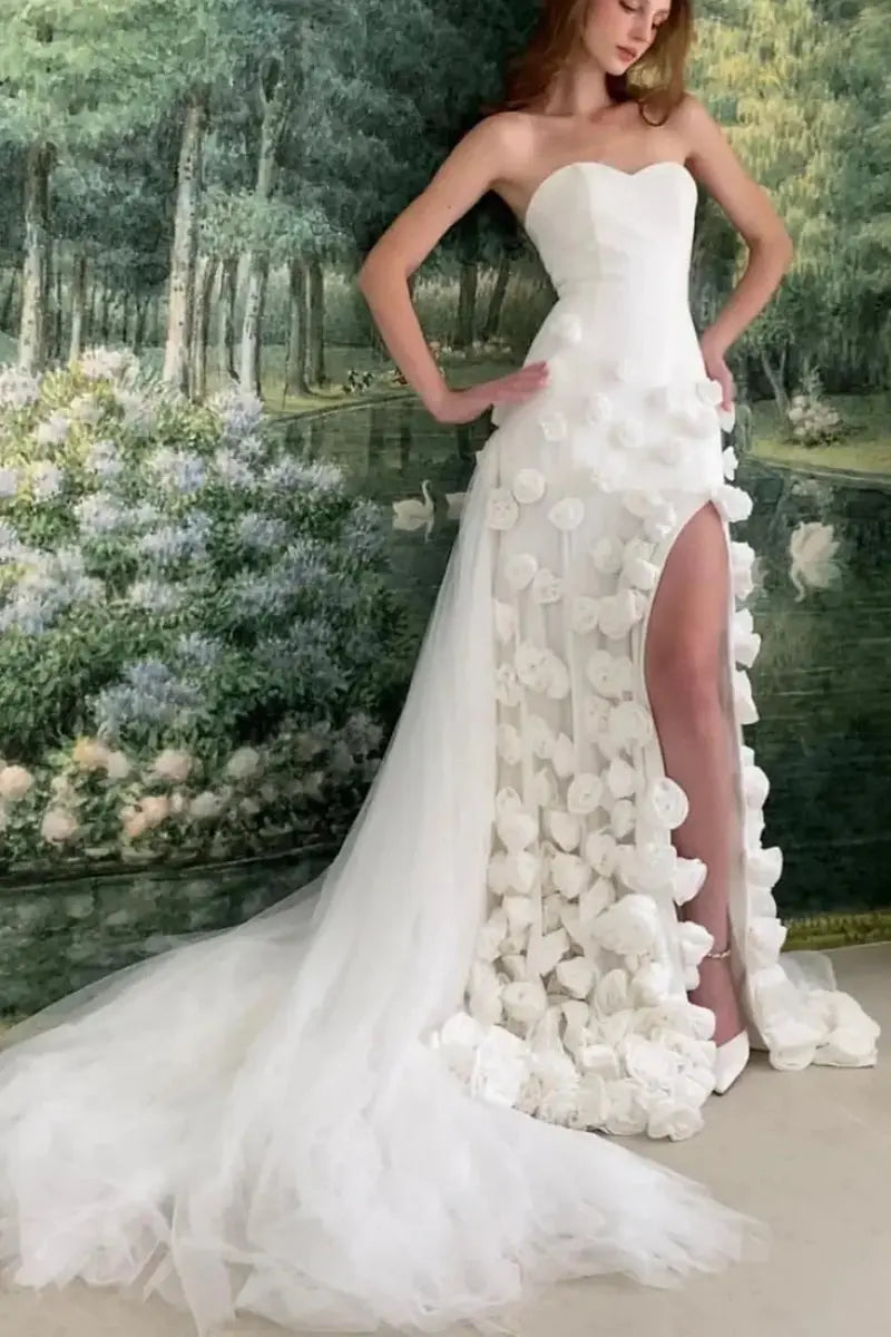 Chic Pink 3D Flowers Strapless Long Mermaid Prom Dress Side Slit - KAIDRESS