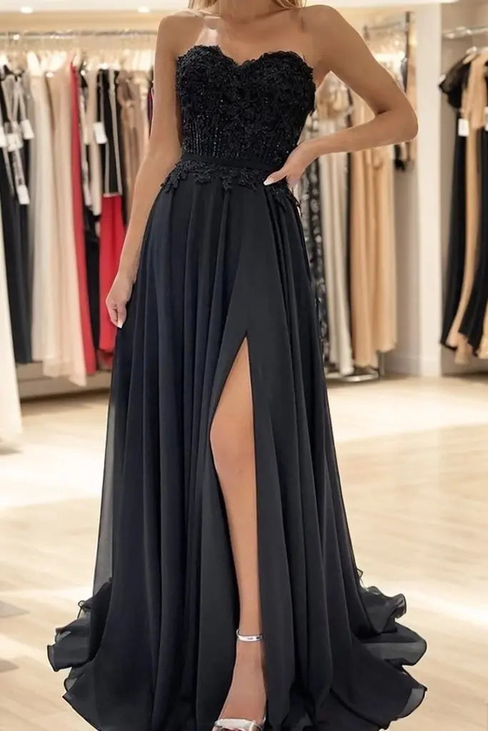 Chiffon Black Formal Prom Dress with Slit Princess Long Evening Gowns