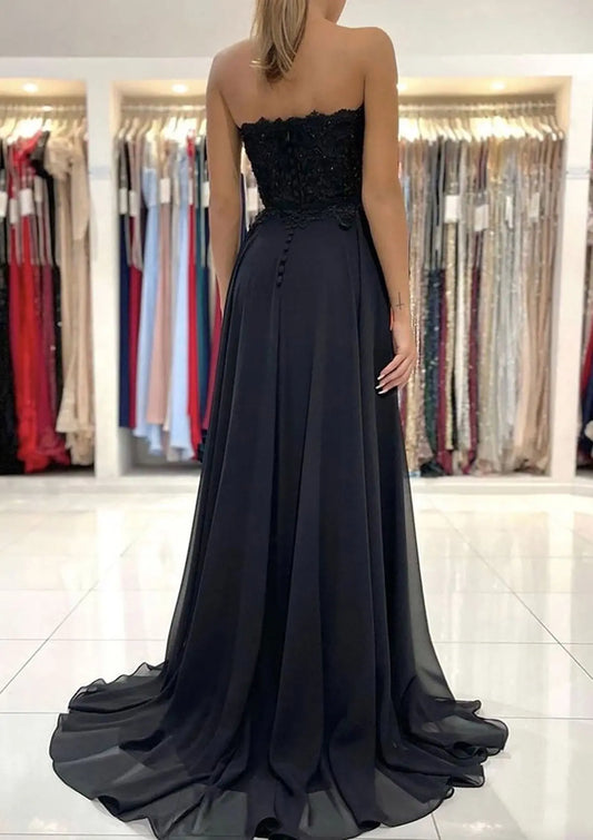 Chiffon Black Formal Prom Dress with Slit Princess Long Evening Gowns