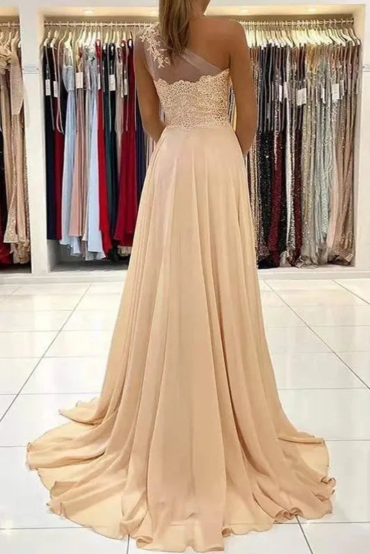Chiffon Champagne Formal Prom Dresses One Shoulder Long Evening Gowns
