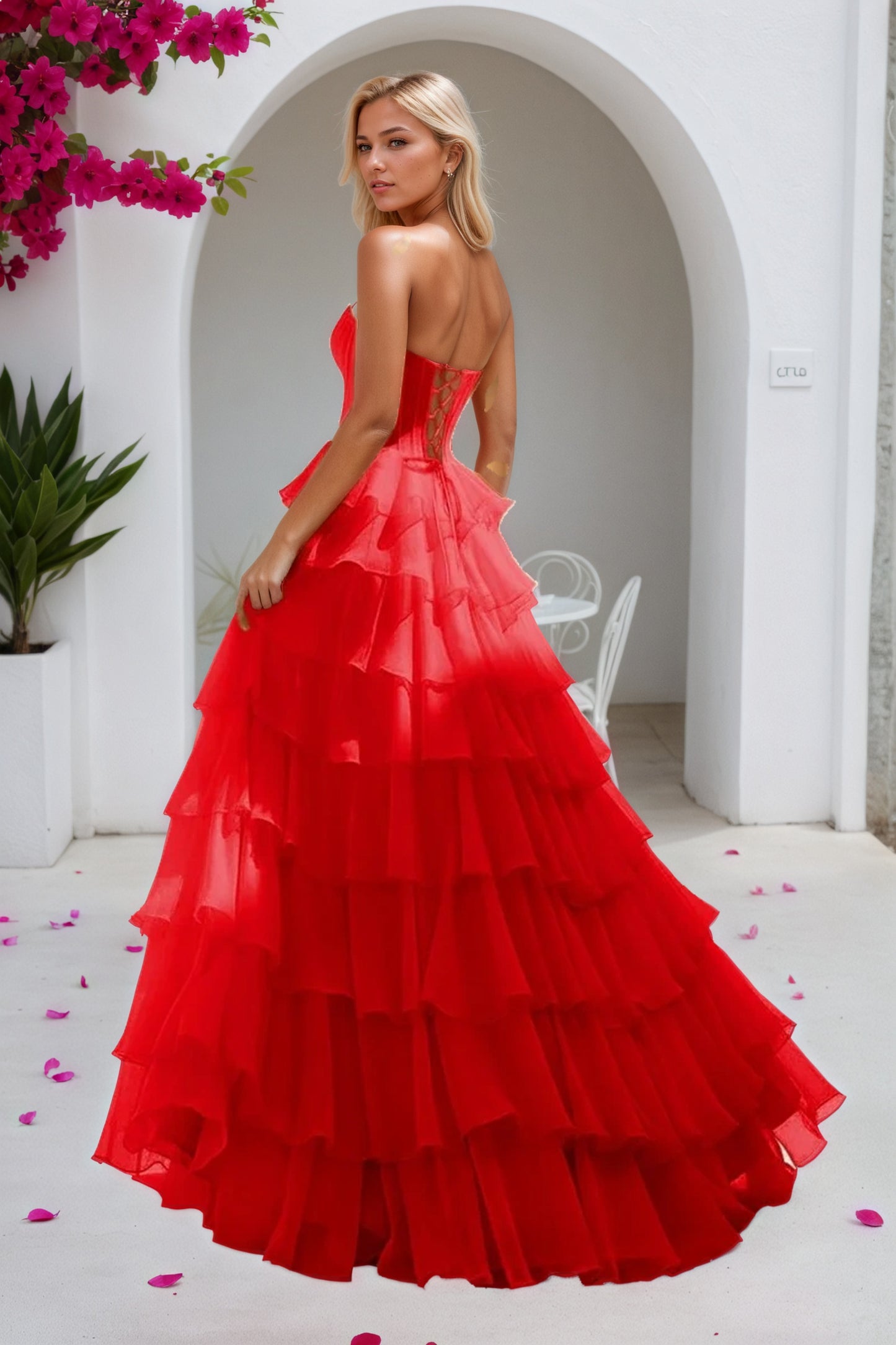 Chiffon Red Tiered Prom Dresses Long Strapless Princess Evening Gowns