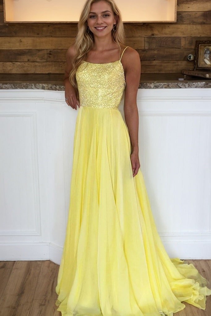 Chiffon Yellow Formal Prom Dresses Princess Halter Long Evening Gowns