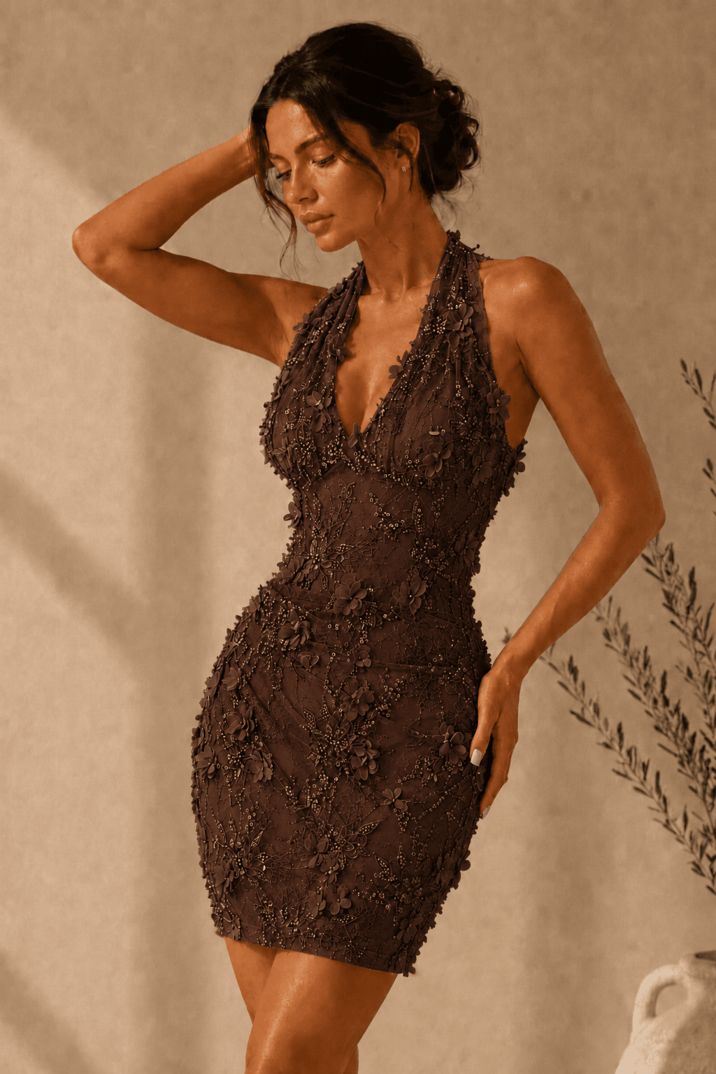Sheath/Column Dreamy Lace 3D Floral Halter Homecoming Dress KAIDRESS