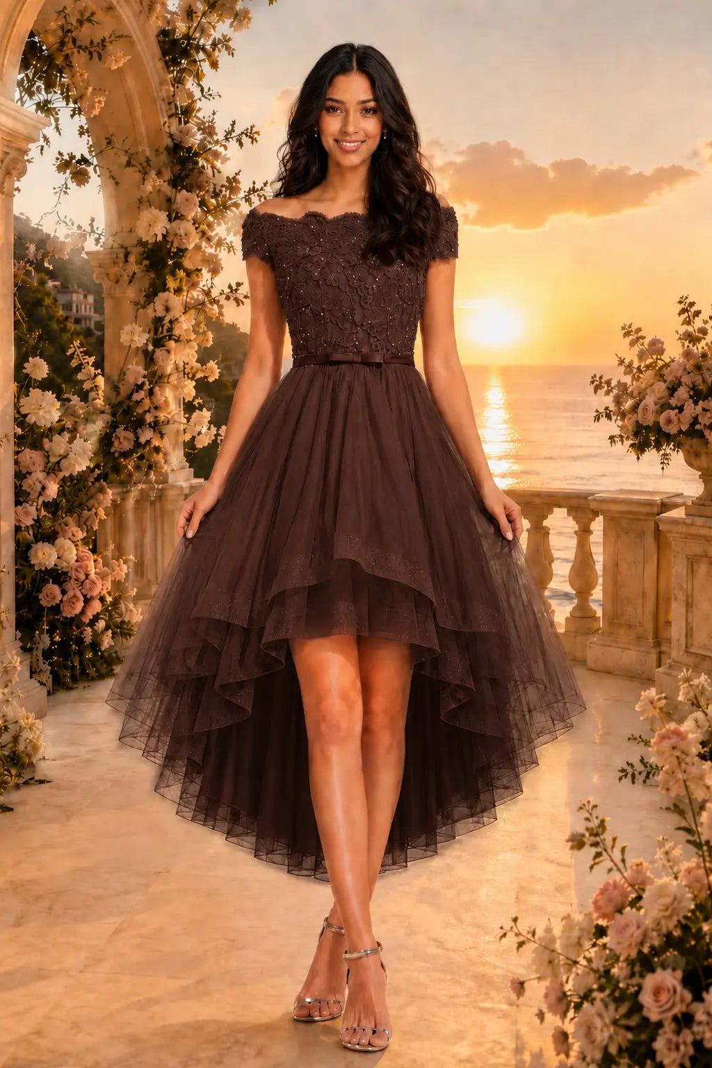 Burgundy Off the Shoulder A Line Strapless Lace Tulle Asymmetrical Dress KAIDRESS