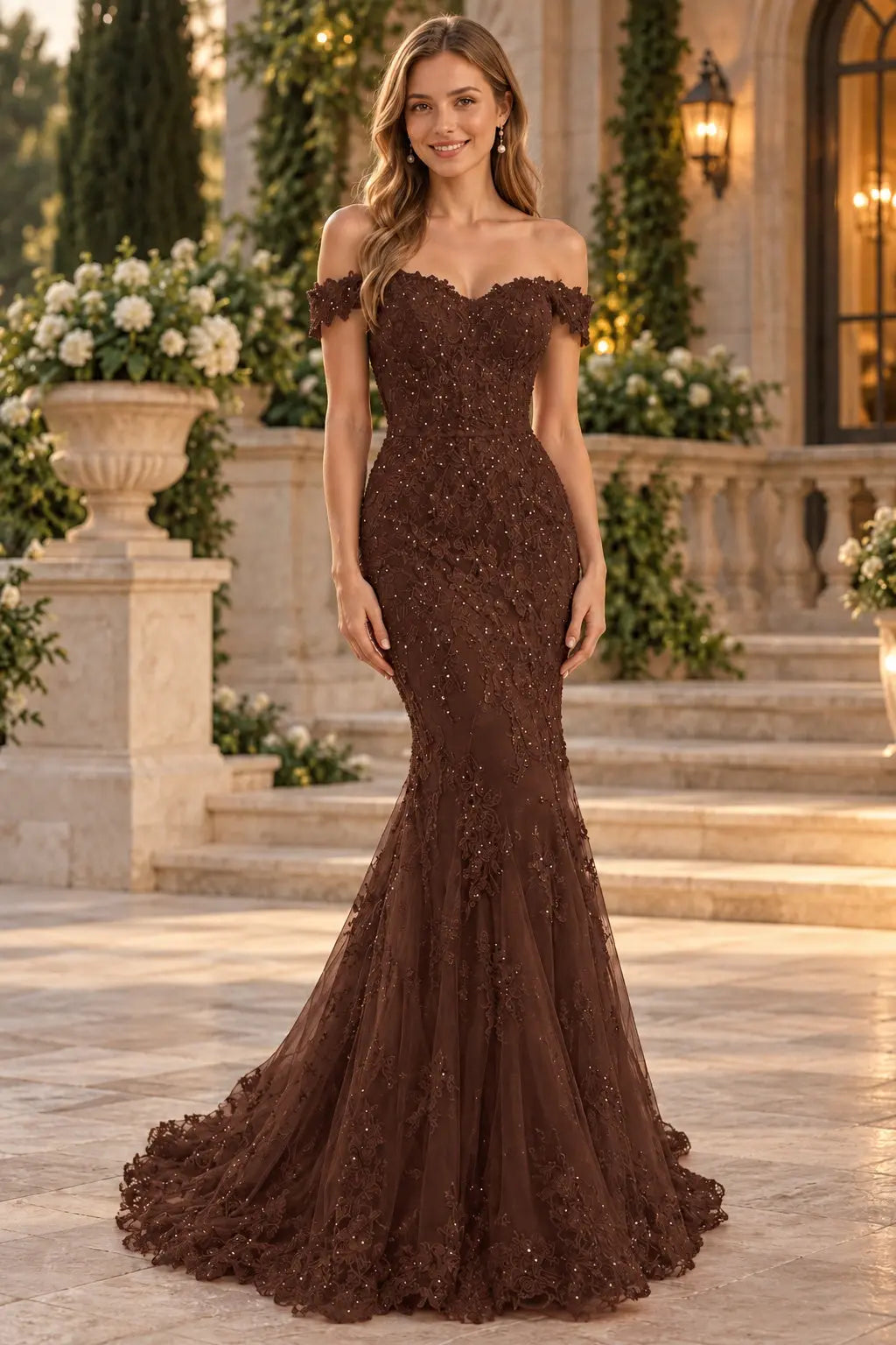 Lace Long/Floor-Length Trumpet/Mermaid Sleeveless Off-The-Shoulder Zipper Prom Dresses With Appliqued Beaded