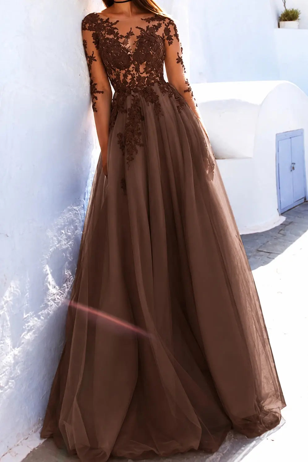 A-Line Scoop Long Sleeves Floor-Length With Applique Tulle Prom Dresses