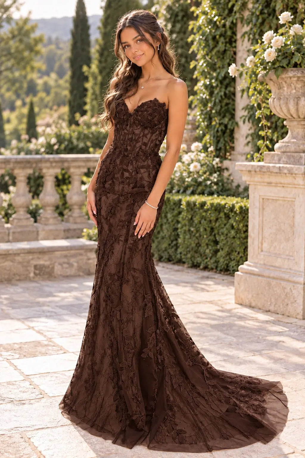 Trumpet/Mermaid Sleeveless Off-the-Shoulder Sweep/Brush Train Lace Tulle Prom Dresses