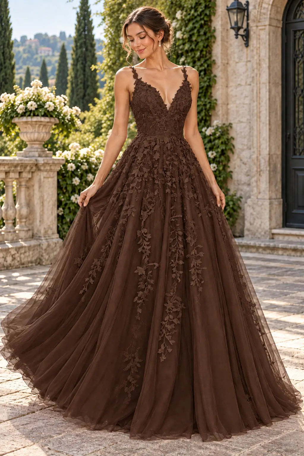 A-Line Lace Prom Dresses Long V Neck Sleeveless Formal Maxi Dress