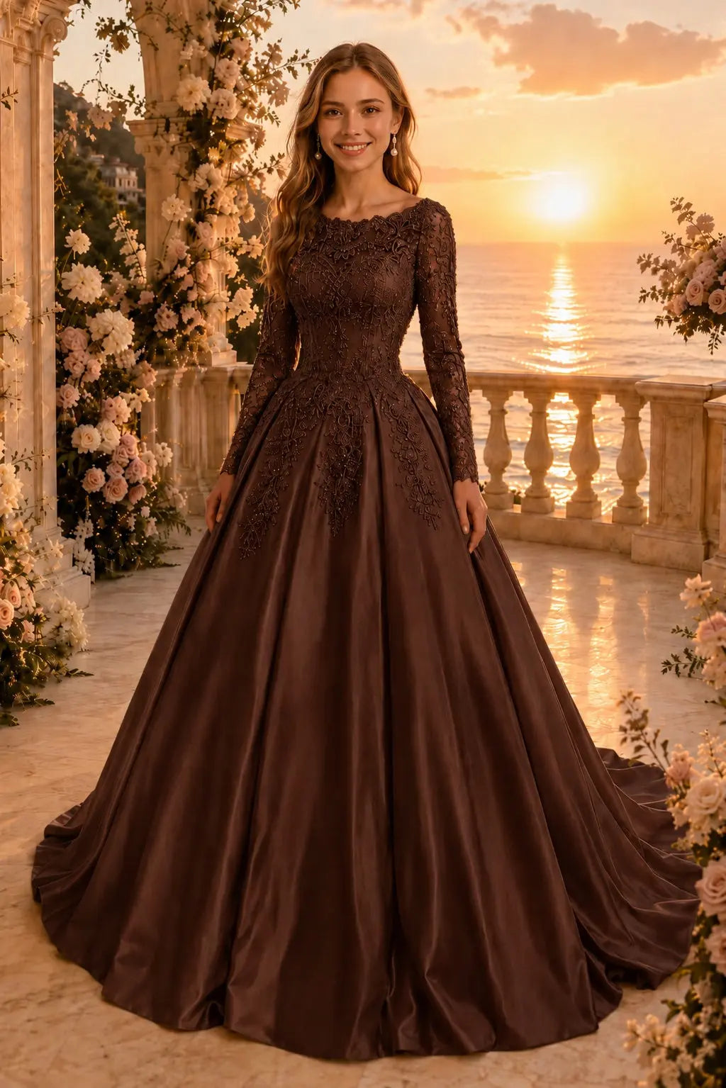 Ball Gown Long Sleeves Off-the-Shoulder Chapel Train Applique Satin Prom Dresses Kaidress