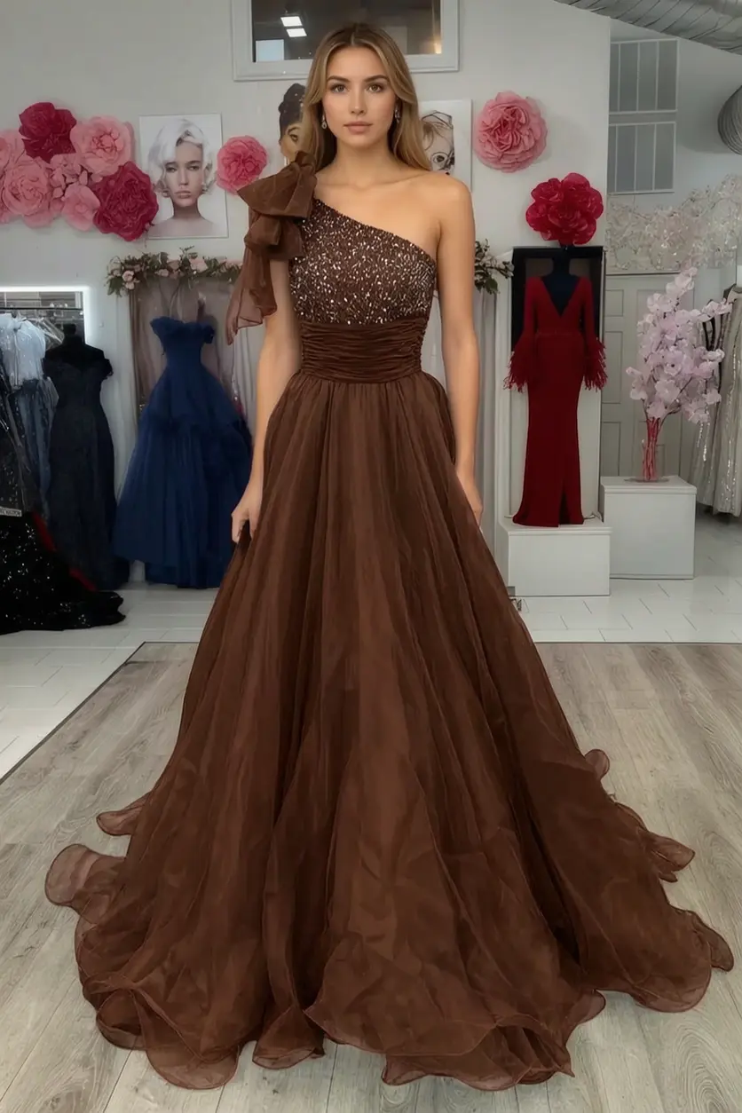 A Line Sparkly Sky Blue One Shoulder Long Prom Dress with Beading KAIDRESS
