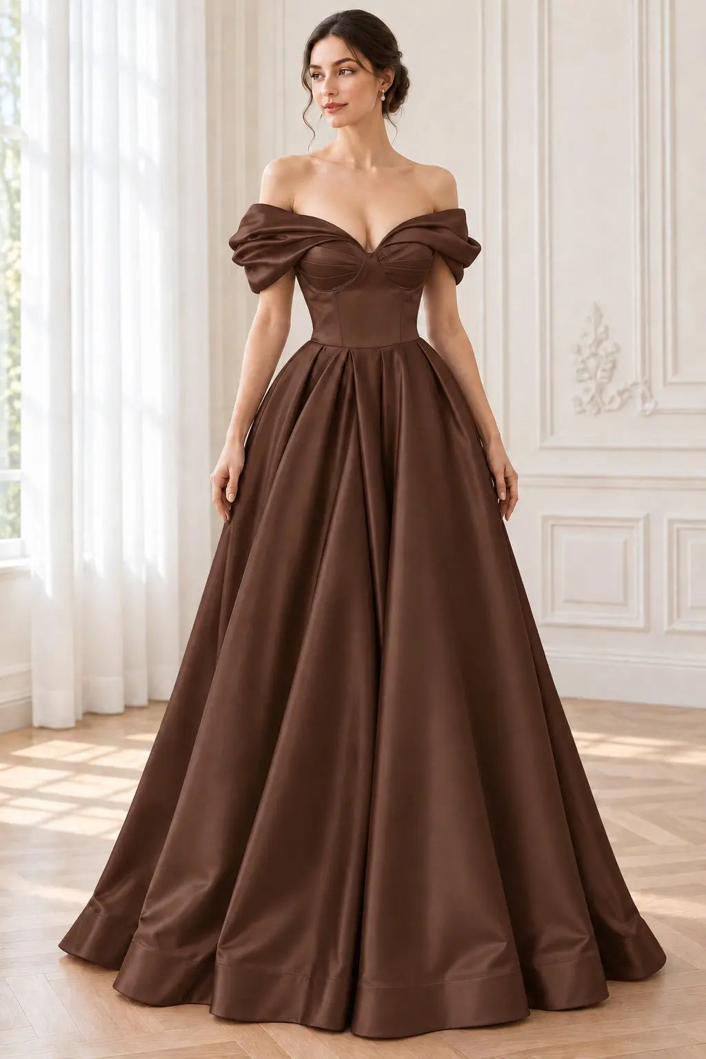 A-line Off-the-Shoulder Short Sleeve Satin Long/Floor-Length Prom Dresses With Ruffles Split