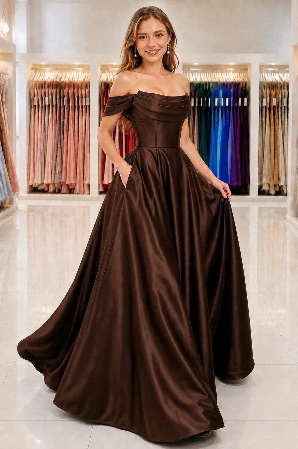 A-Line Satin Long Prom Dress, Simple Off the Shoulder Evening Party Dress With Pockets KAIDRESS