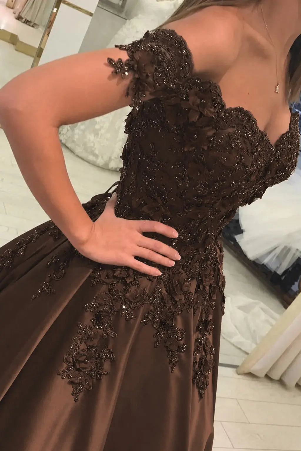 Appliqued Off-The-Shoulder Satin Princess Prom Dress With Beads