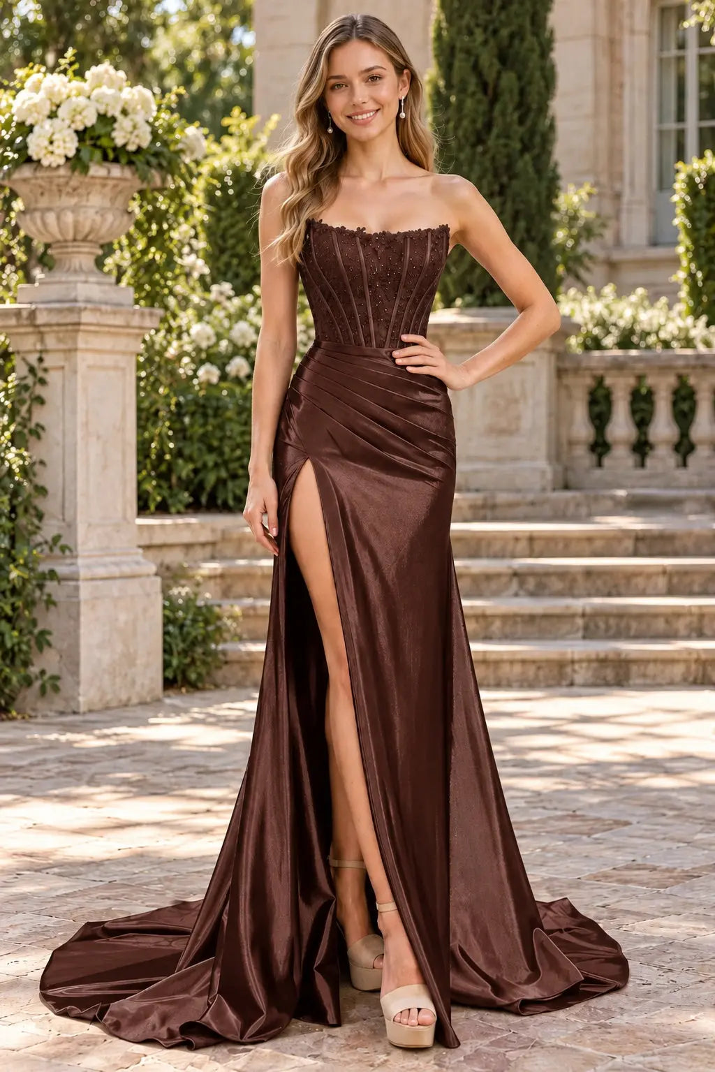 Royal Blue Satin Strapless Lace Corset Prom Dress with Thigh-High Slit