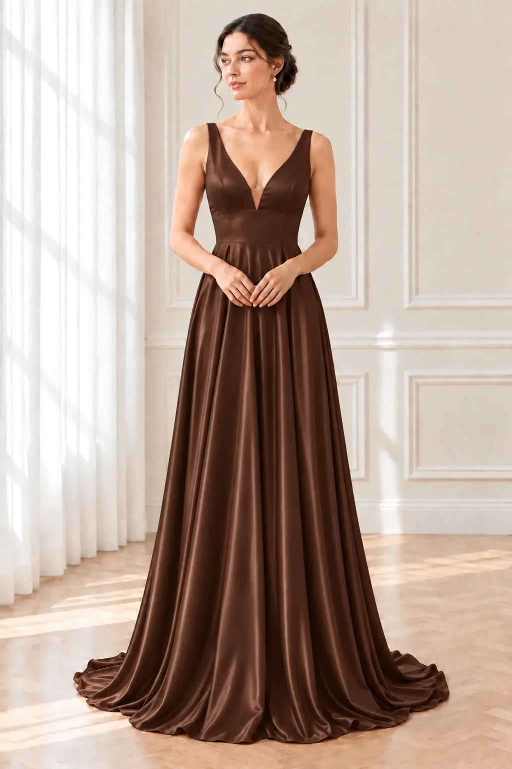 A-line/Princess V Neck Sleeveless Sweep Train Charmeuse Prom Dresses