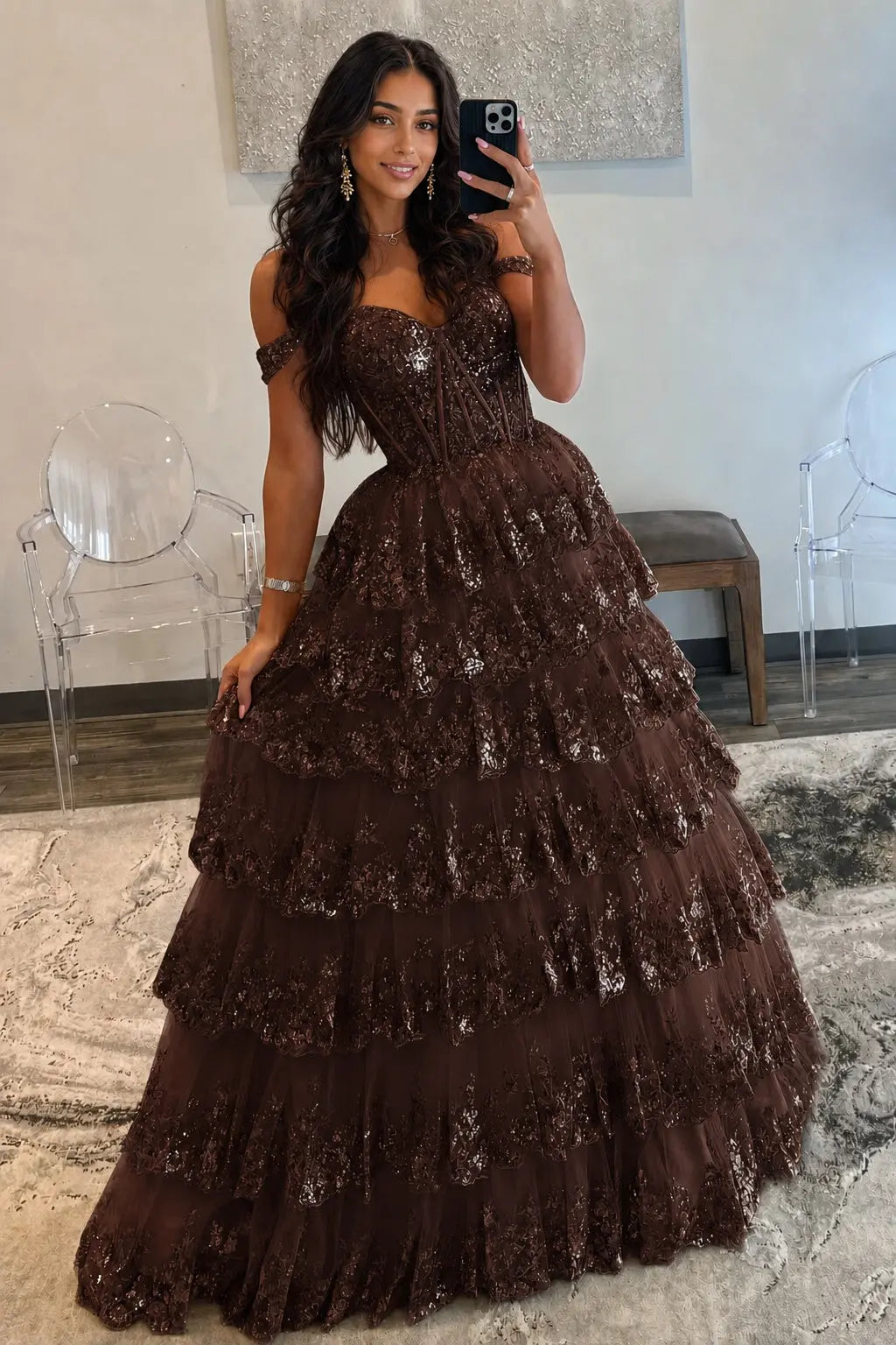 A-Line/Princess Princess Off the Shoulder Sequined Lace Prom Dress KAIDRESS