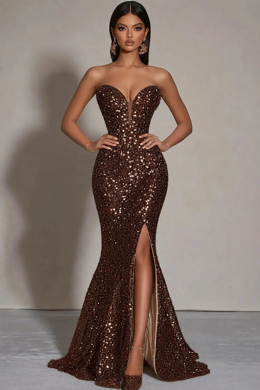 Sparkly Gold Sequins Mermaid Strapless Long Formal Dress with Slit Kaidress
