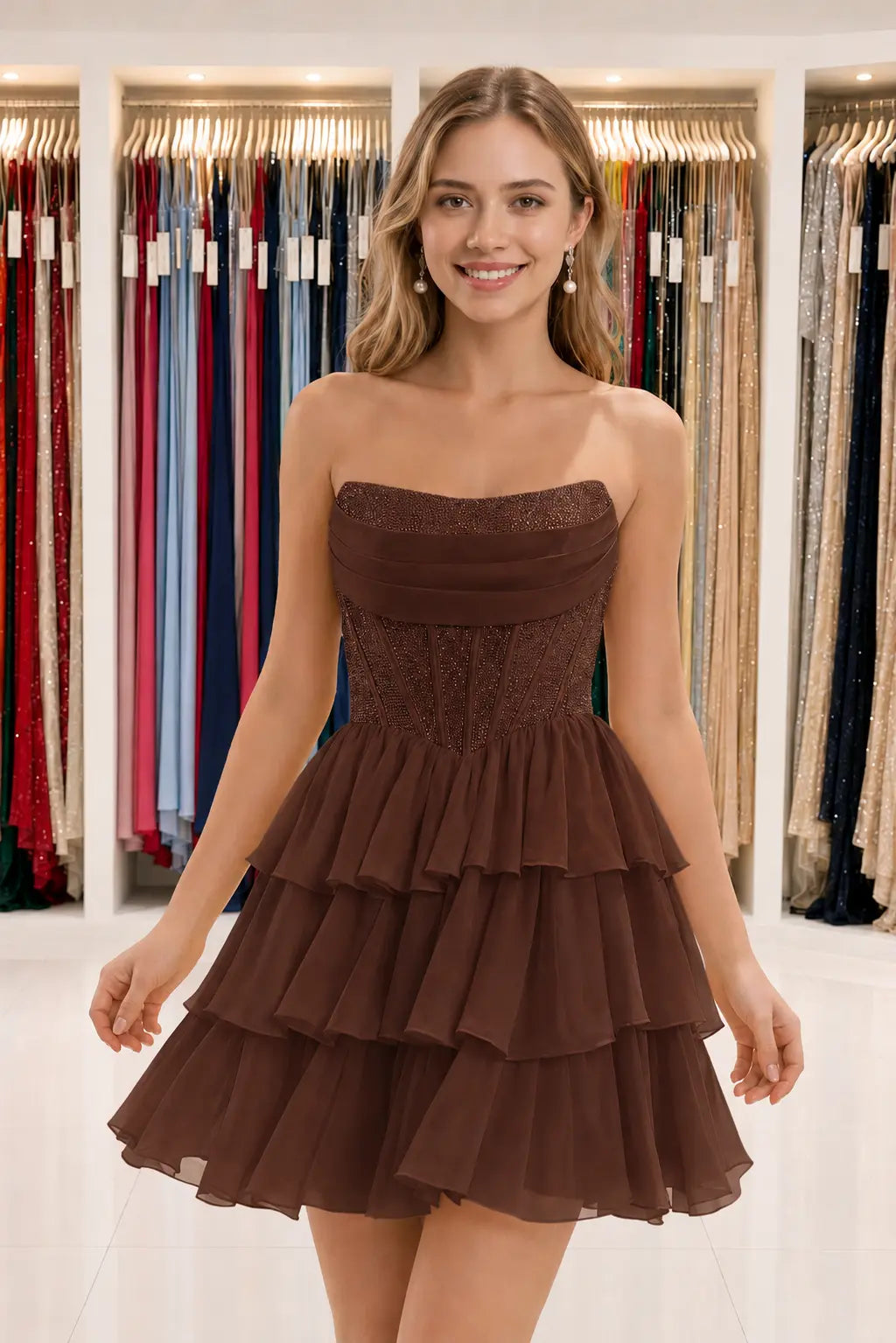 Daffodil Strapless Corset Tiered Ruffle Mini Homecoming Dress With Beading KAIDRESS