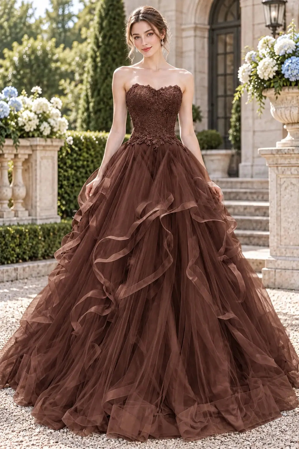 Blue Tulle Lace Long Prom Dresses Princess Layered Formal Evening Gowns