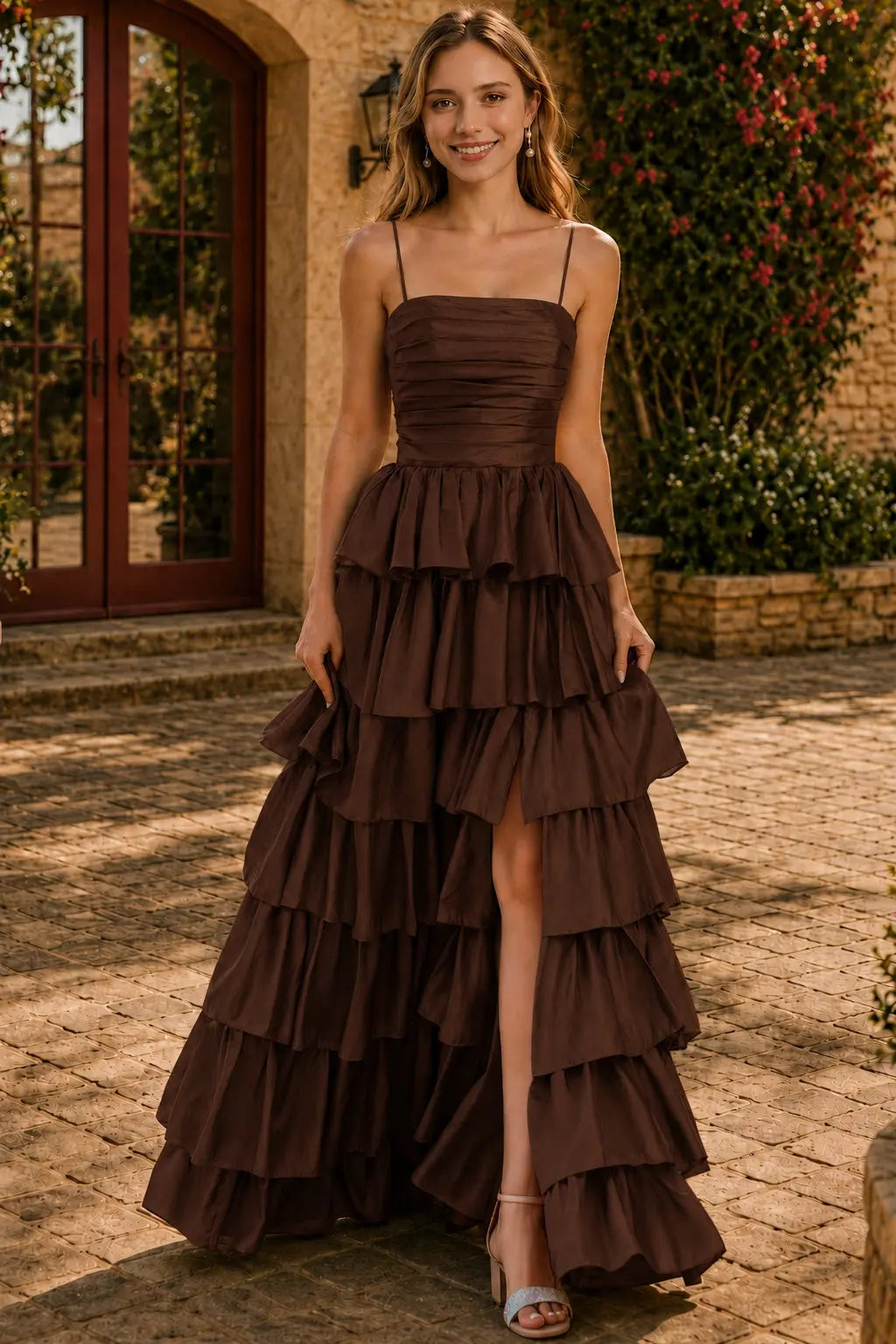 A-line Square Neckline Spaghetti Straps Floor-Length Taffeta Prom Dress with Ruffles Slit KAIDRESS