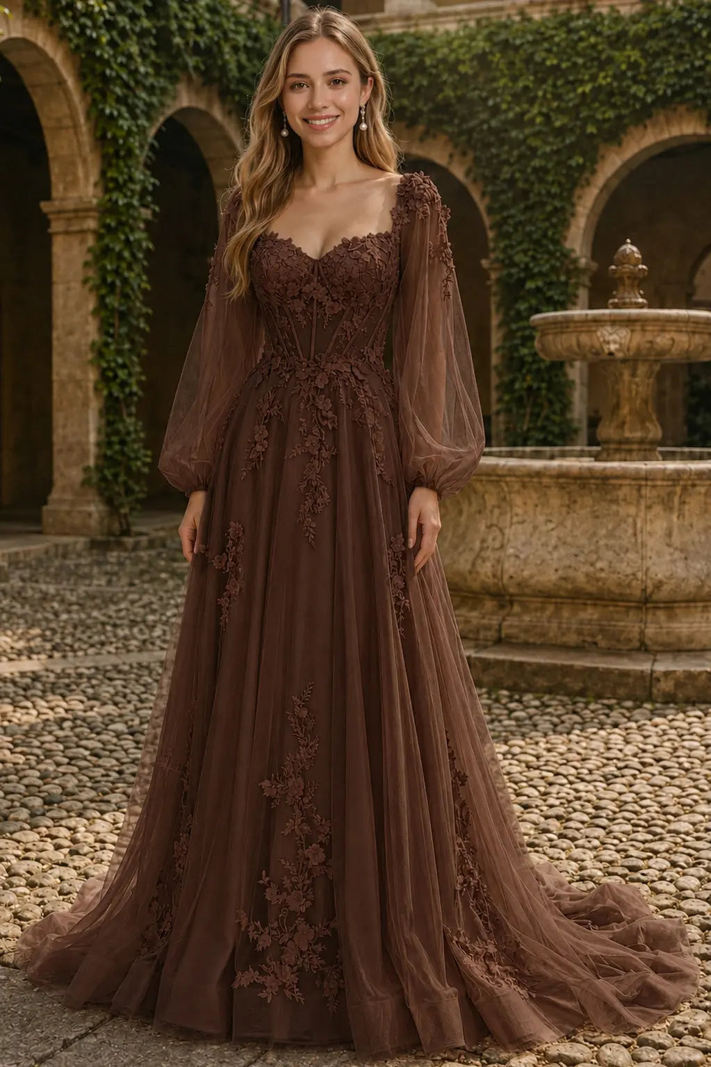 A-line 3D Floral Lace Applique Tulle Long Sleeves Prom Dress