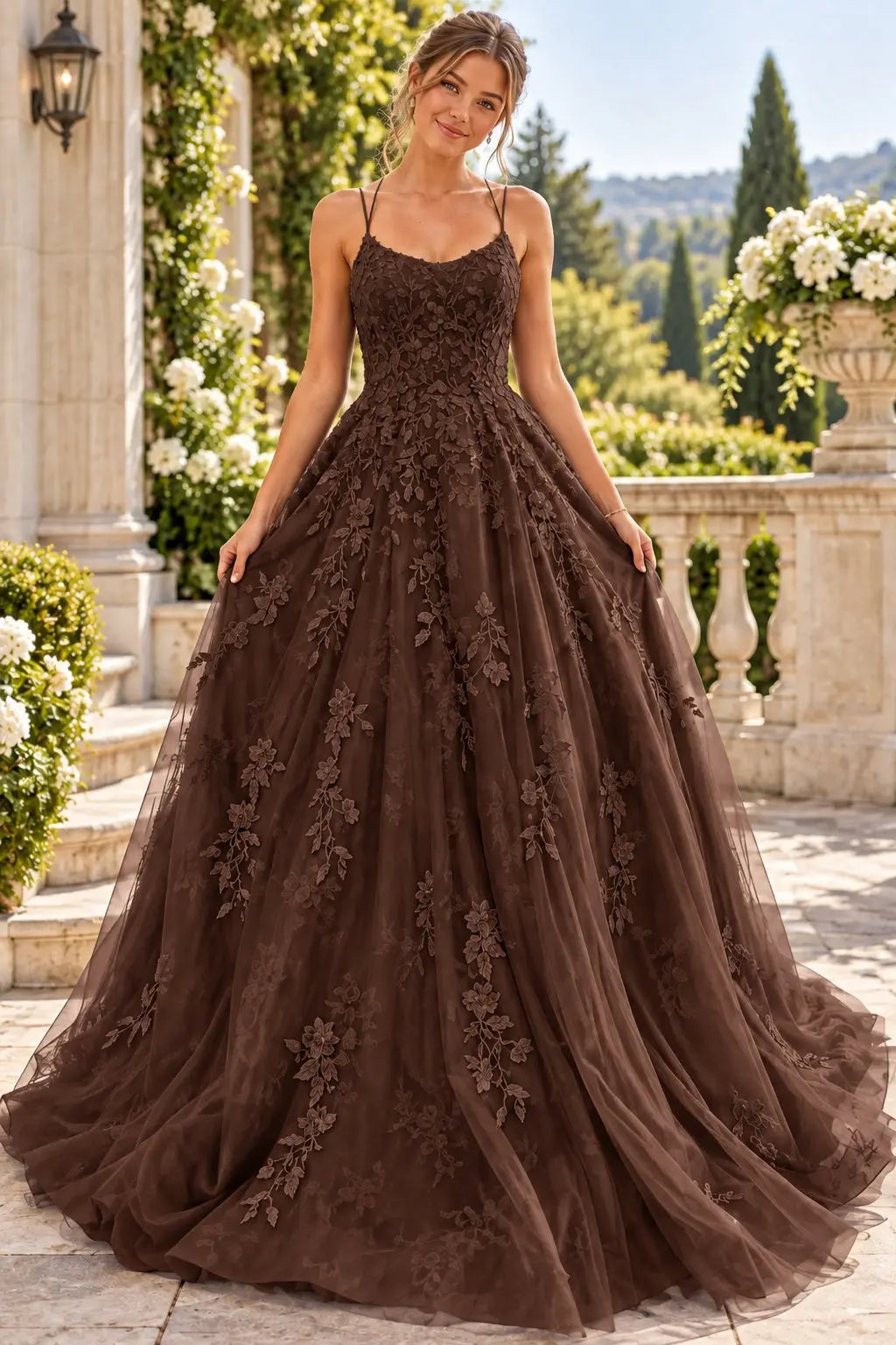 A-line Bateau Neckline Spaghetti Straps Long/Sweep Train Tulle Lace Prom Dresses
