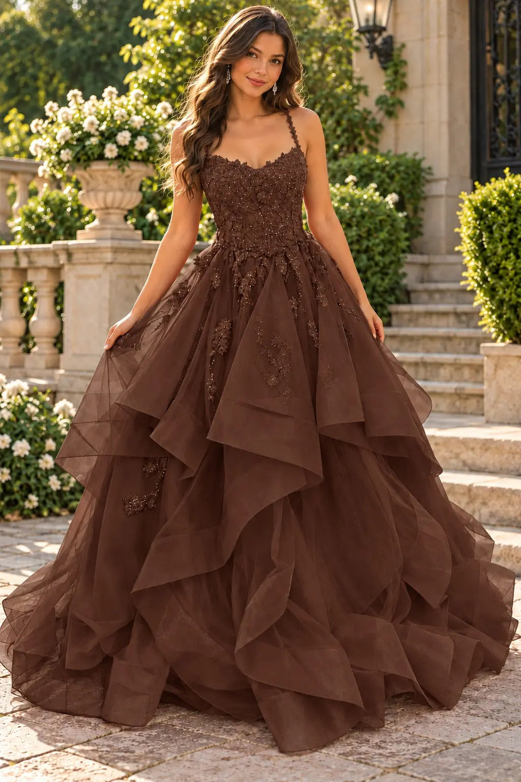 A-line Princess V Neck Floor-Length Tulle Prom Dresses with Appliqued