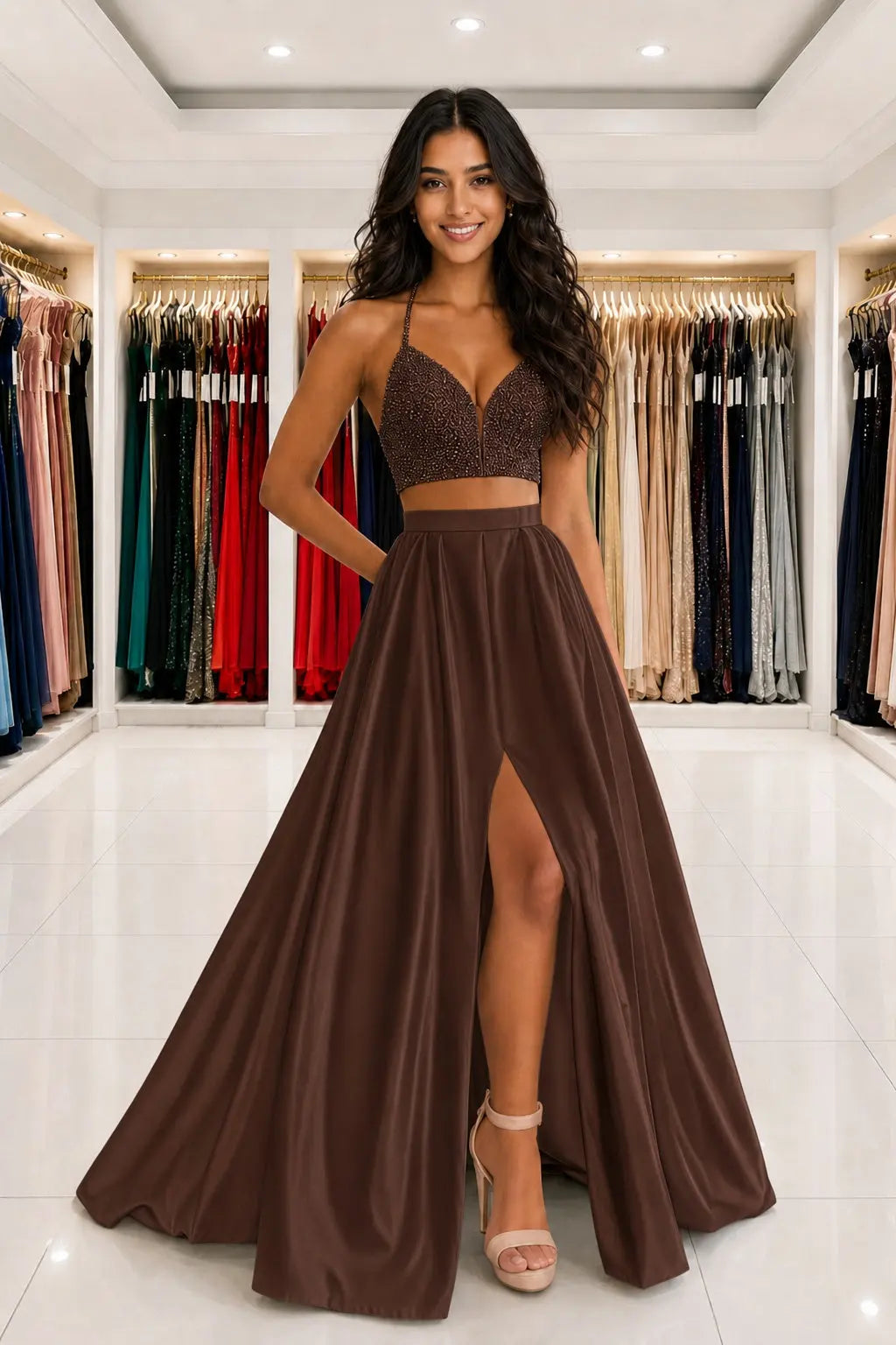 Satin Two Piece Long Modest White Prom Dress Split Formal Evening Gowns Kaidress