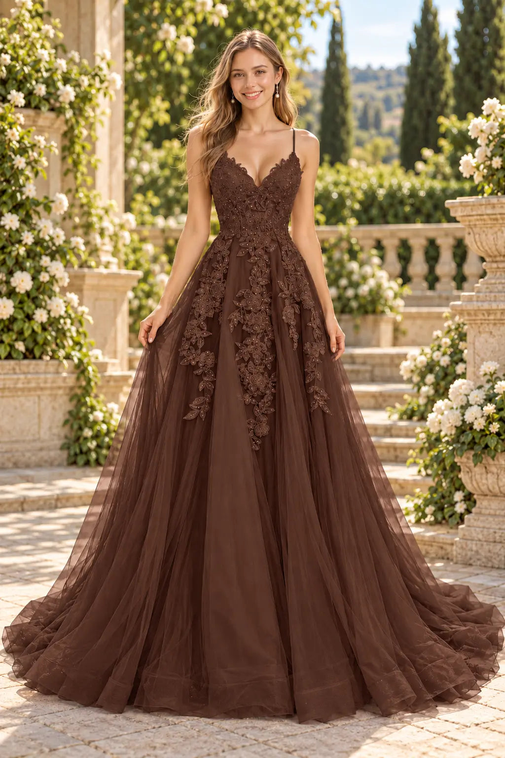 A-line V Neck Spaghetti Straps Sweep Train Tulle Prom Dress With Appliqued