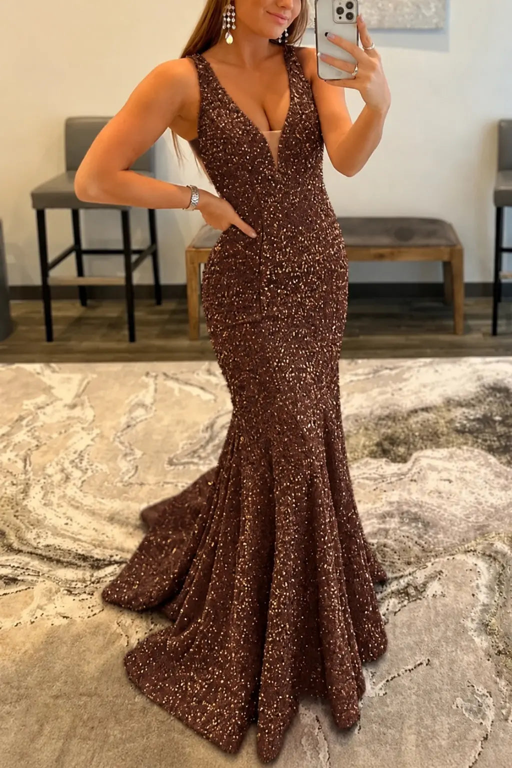 Sheath/Column Trumpet/Mermaid V Neck Sleeveless Velvet Sequins Sweep Train Prom Dress