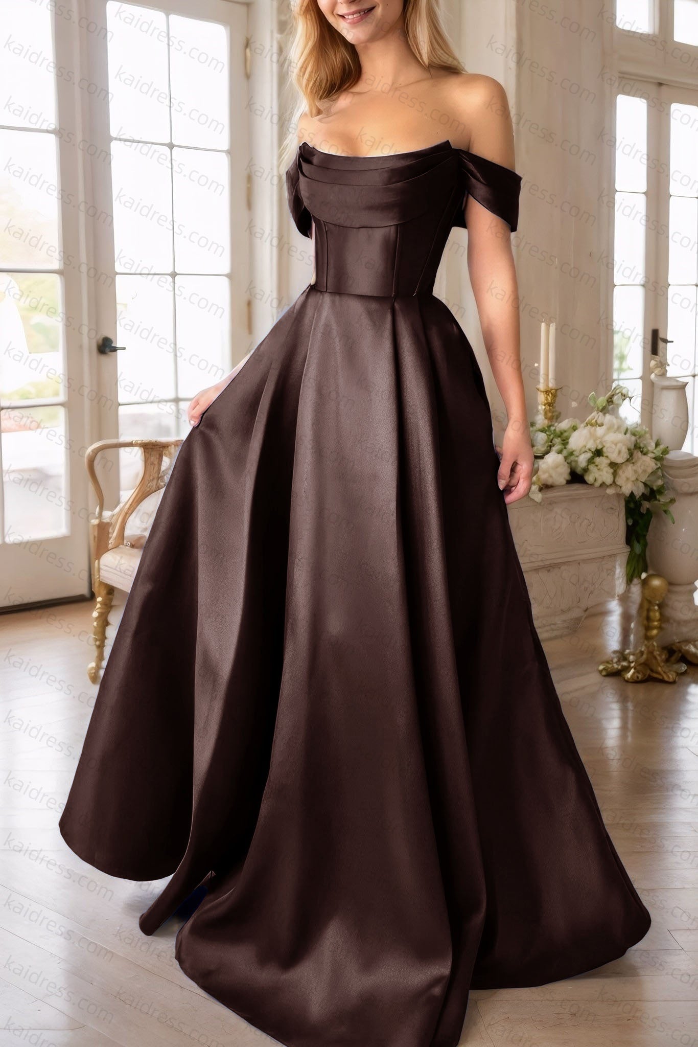 A-Line Satin Long Prom Dress, Simple Off the Shoulder Evening Party Dress With Pockets