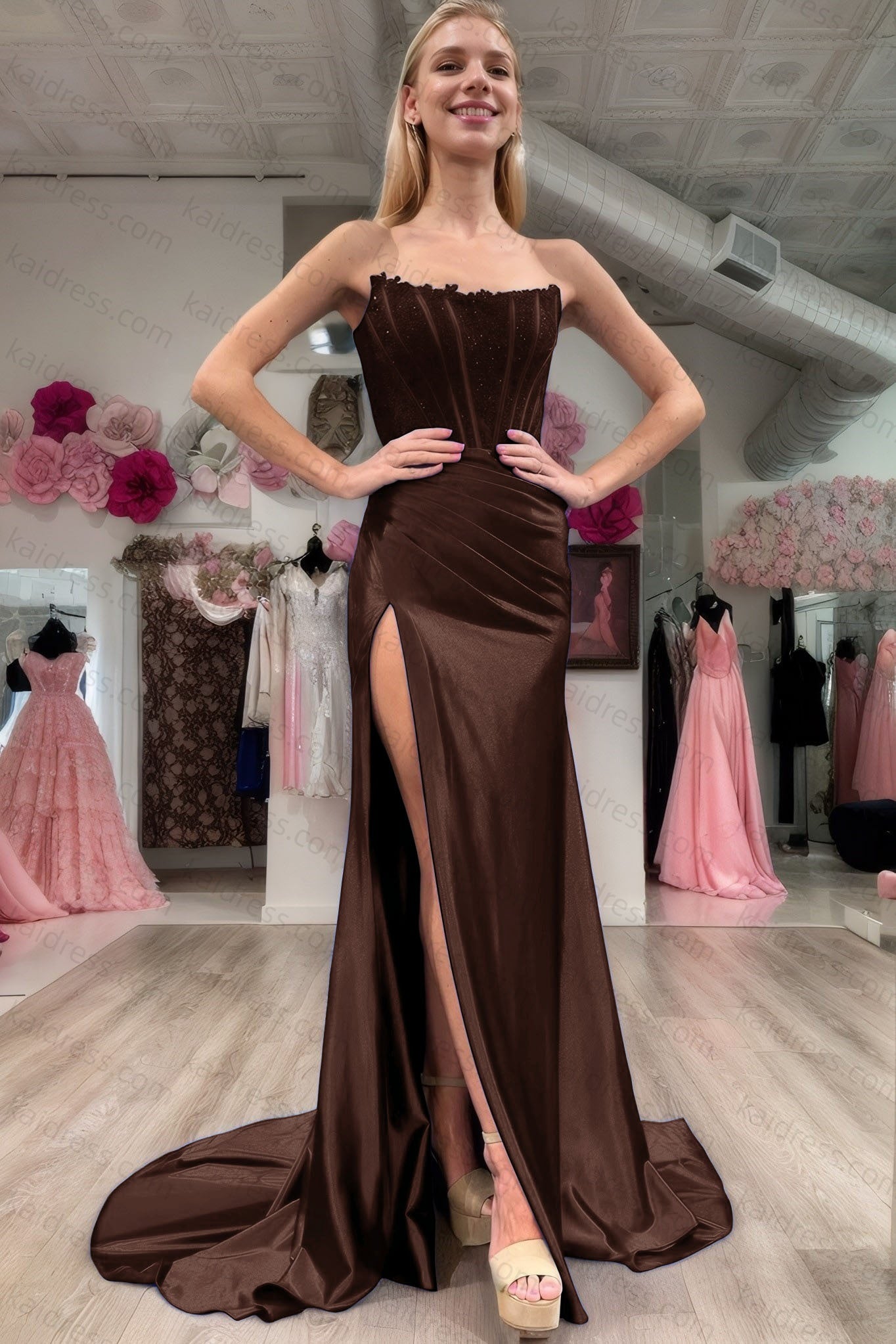 Sheath/Column Elastic Woven Satin Ruched Off-the-Shoulder Sleeveless Sweep/Brush Train Prom Dresses