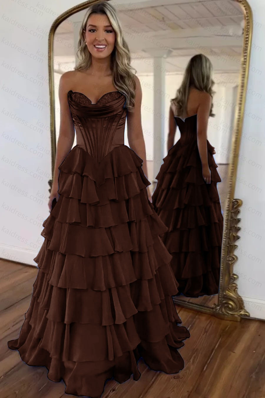 A Line Blue Sweetheart Chiffon Ruffled Long Corset Prom Dress with Slit
