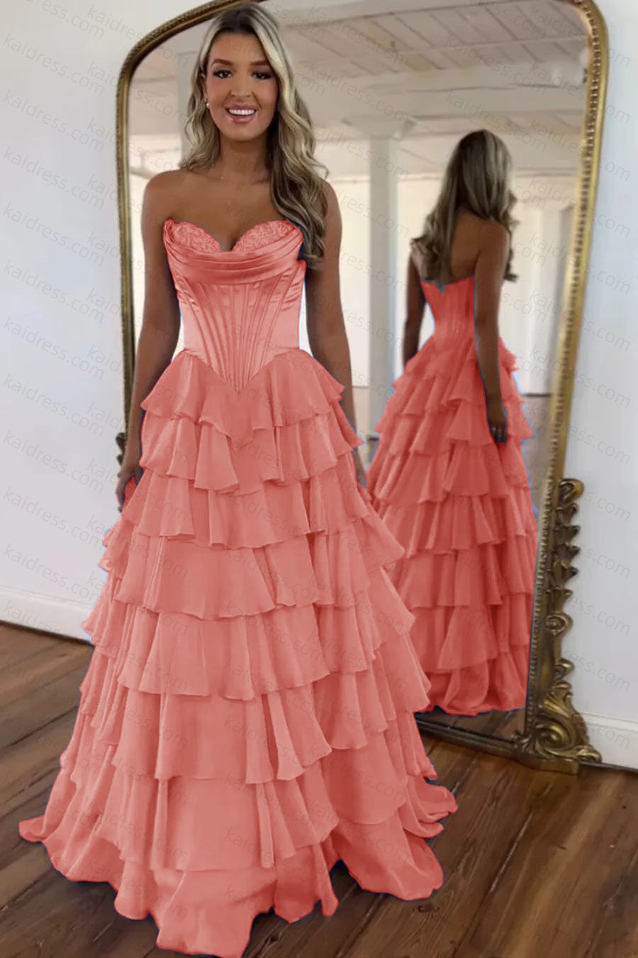 A Line Blue Sweetheart Chiffon Ruffled Long Corset Prom Dress with Slit