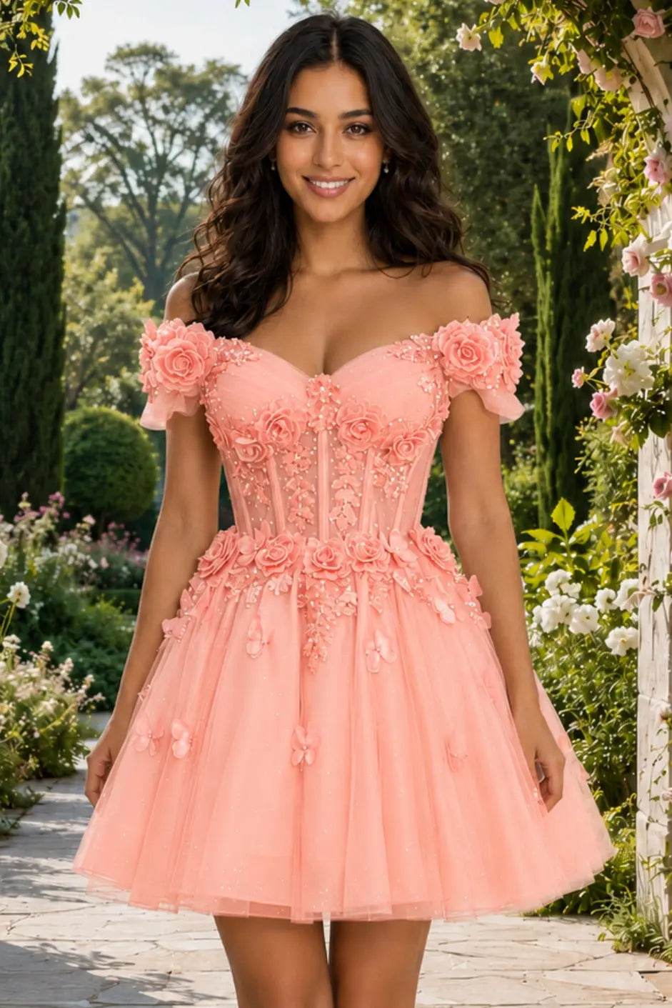 A-line Off-the-Shoulder Tulle Short/Mini Homecoming Dress with Appliqued Flowers Sequins KAIDRESS