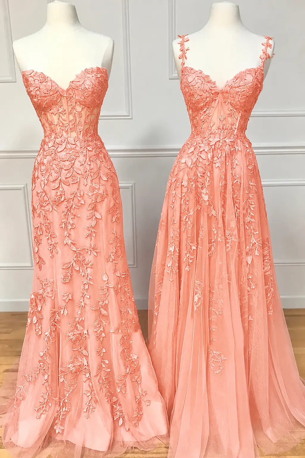 A-line Sweetheart Spaghetti Straps Sweep Train Lace Prom Dress With Beading Kaidress
