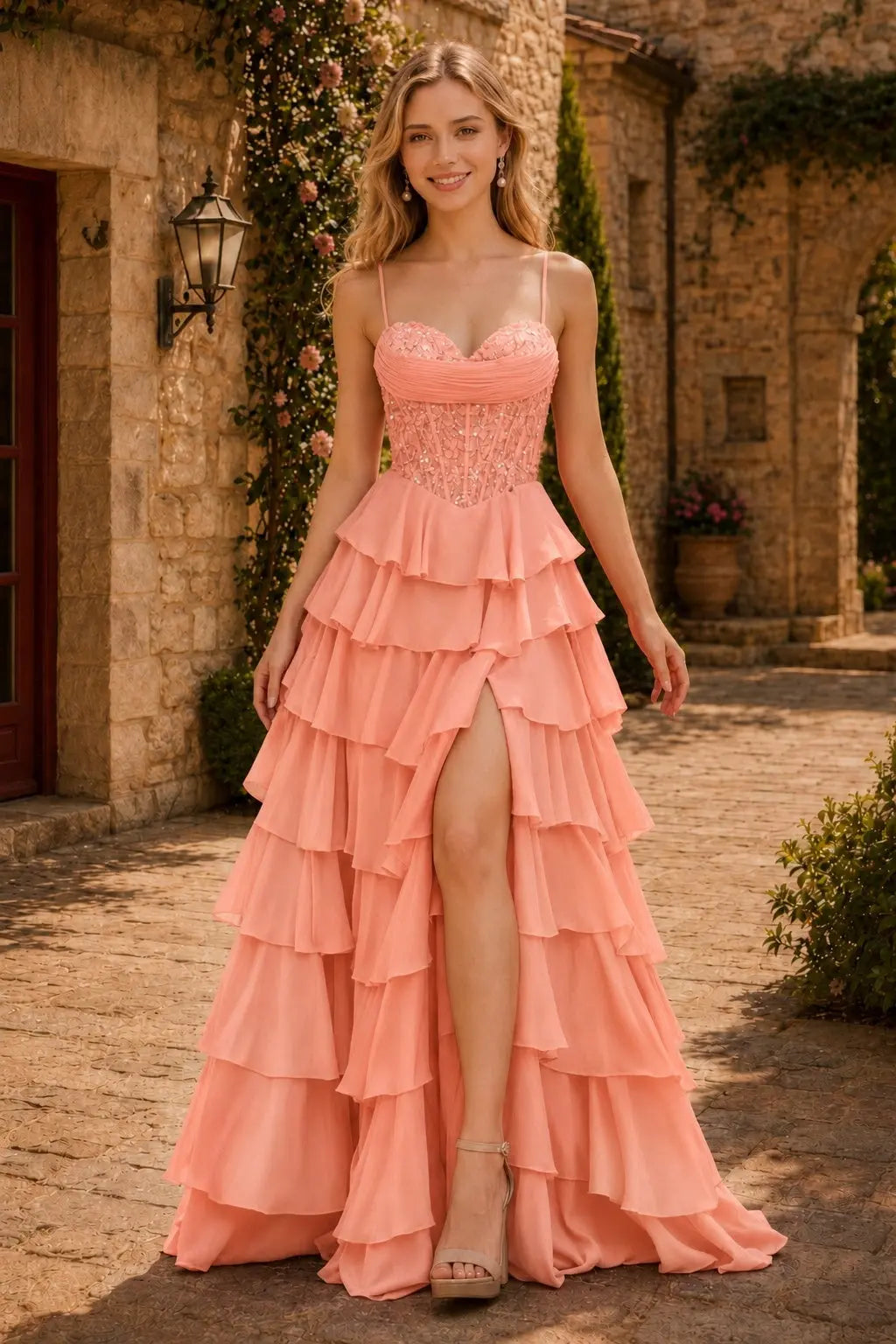 Spaghetti Straps Sweetheart Embellished Corset Chiffon Slit Ruffle Prom Dress with Detachable Straps