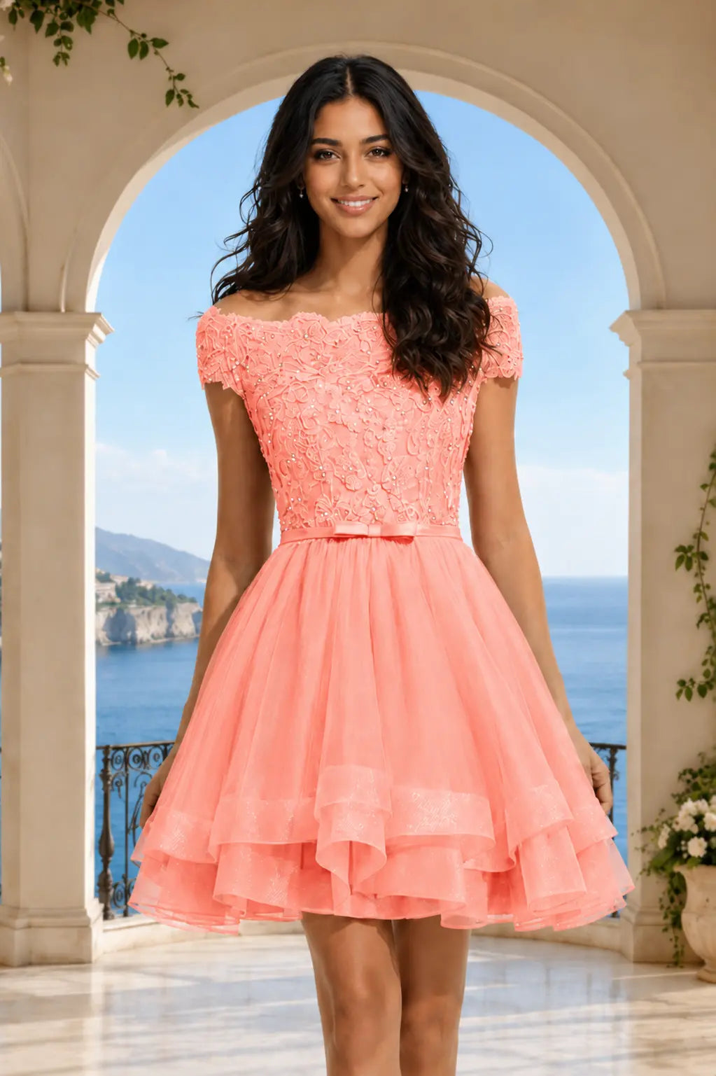Burgundy Lace Off Shoulder A Line Short Homecoming Dress KAIDRESS