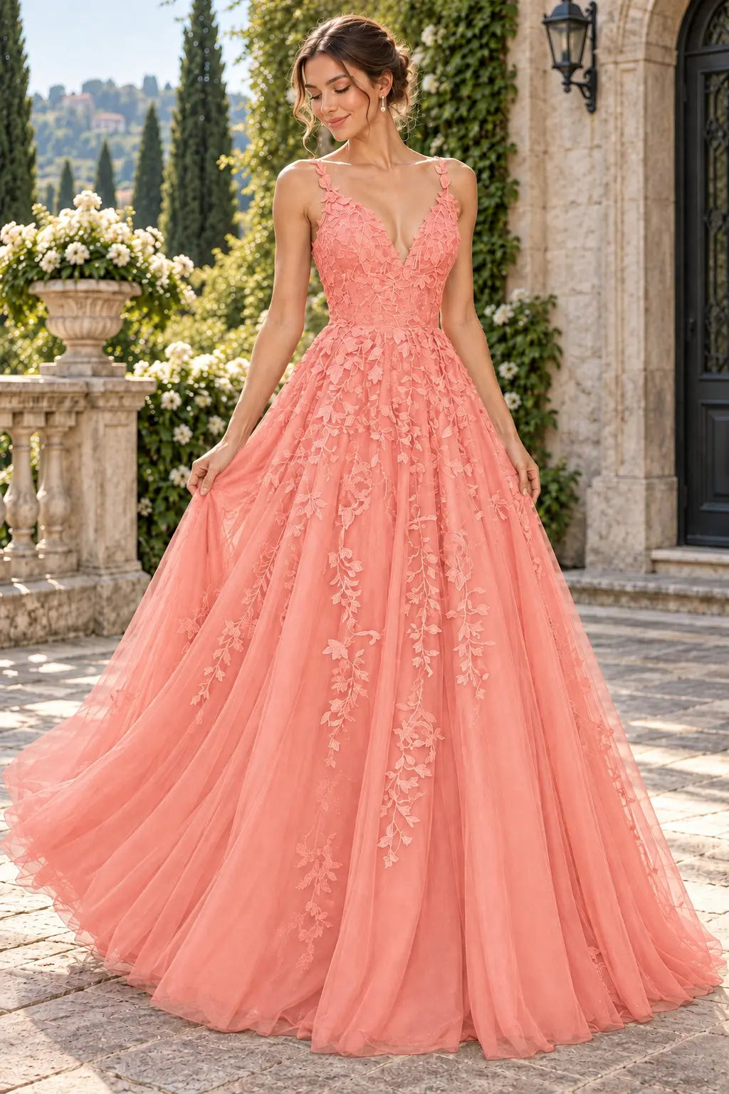 A-Line Lace Prom Dresses Long V Neck Sleeveless Formal Maxi Dress