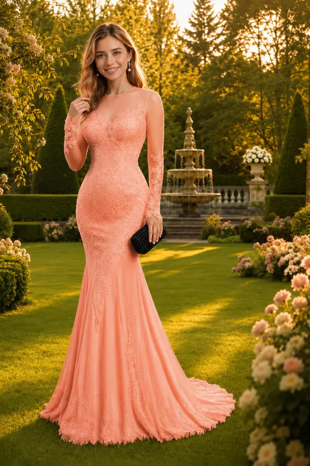 Trumpet/Mermaid Long Sleeves Sheer Neck Sweep/Brush Train Applique Prom Dresses KAIDRESS