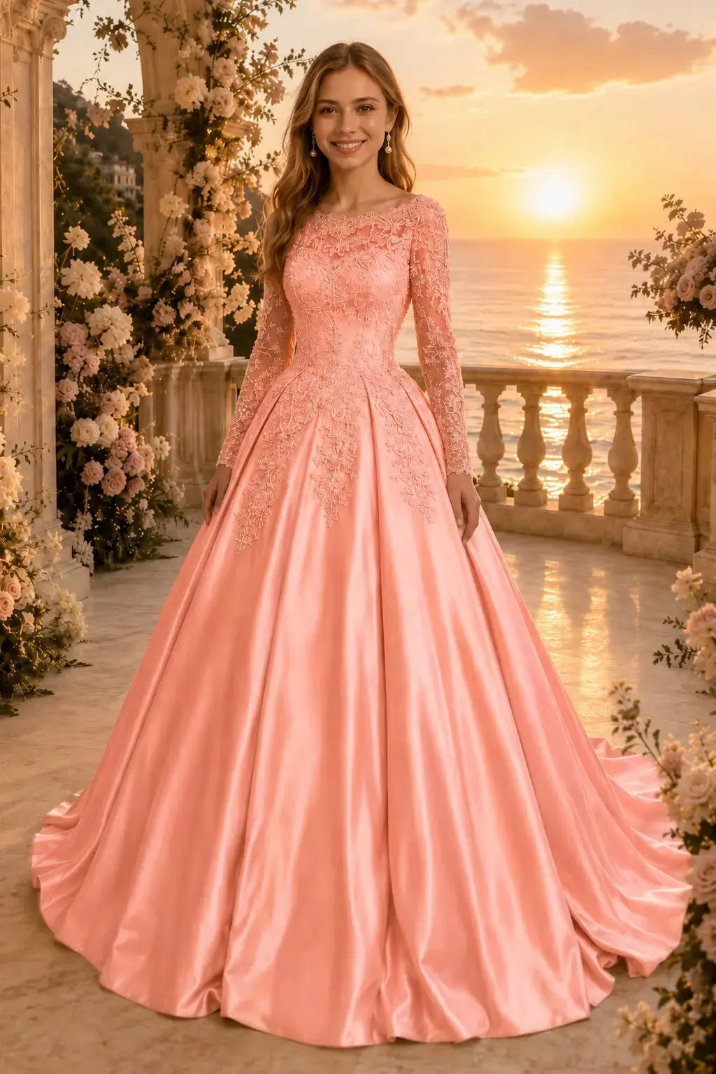 Ball Gown Long Sleeves Off-the-Shoulder Chapel Train Applique Satin Prom Dresses Kaidress
