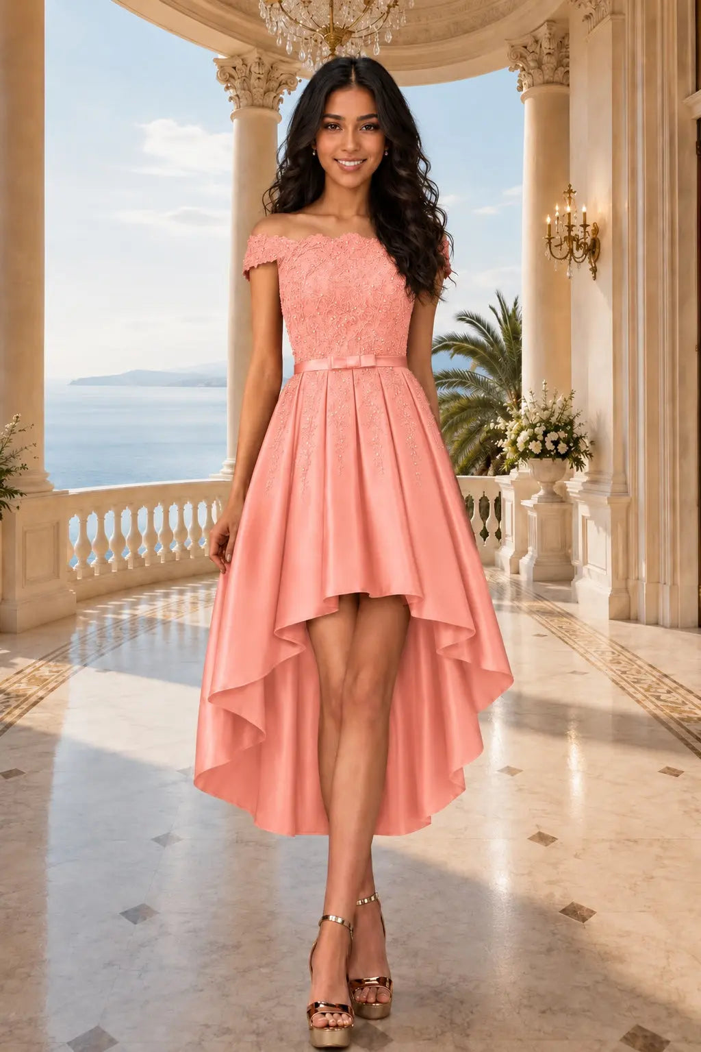 A-line Burgundy Satin Off the Shoulder A Line Strapless Lace Tulle Asymmetrical Dress With Pockets KAIDRESS