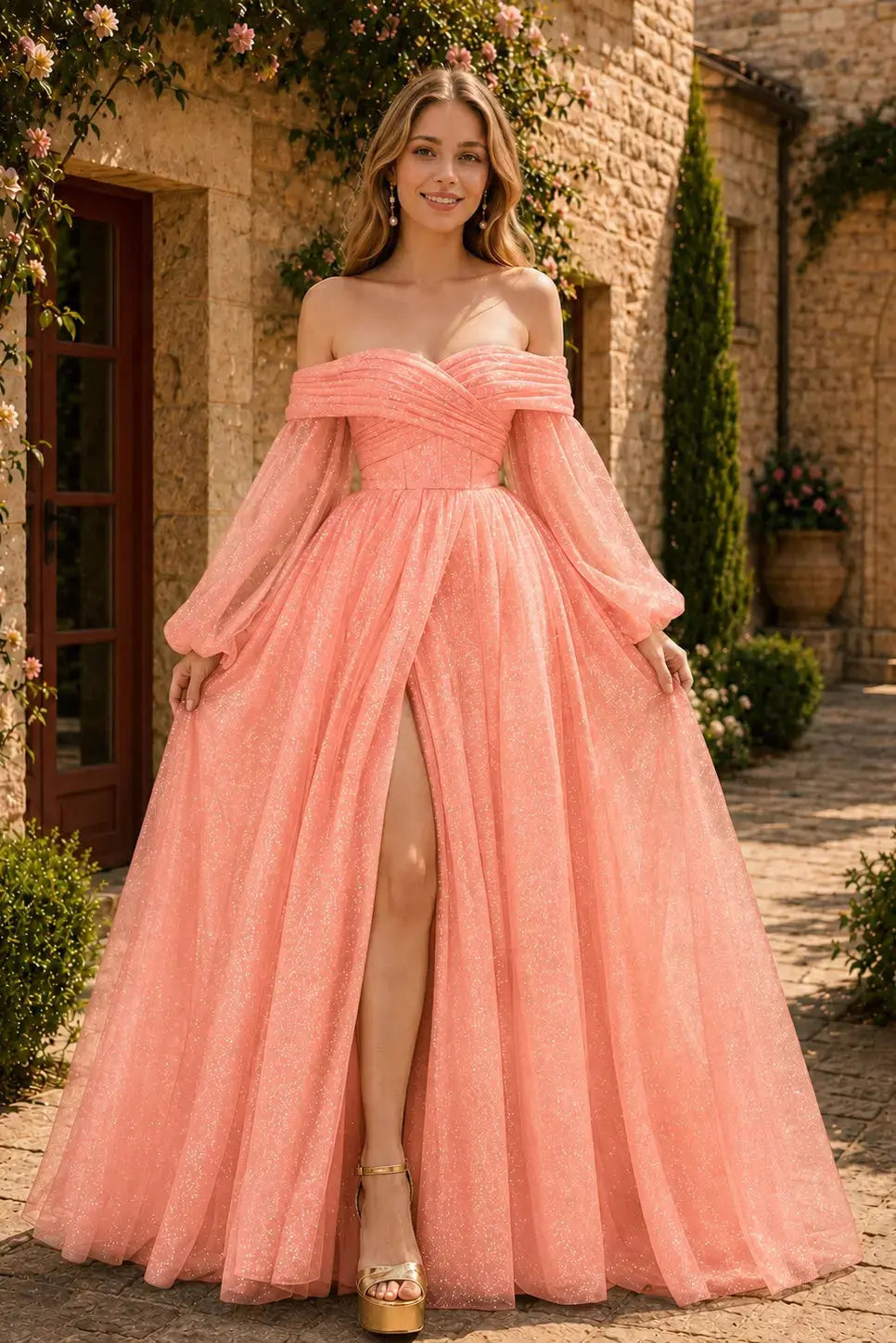 A-Line/Princess Tulle Ruched Long  Off-the-Shoulder Long Sleeves Prom Dresses Detachable Sleeves KAIDRESS